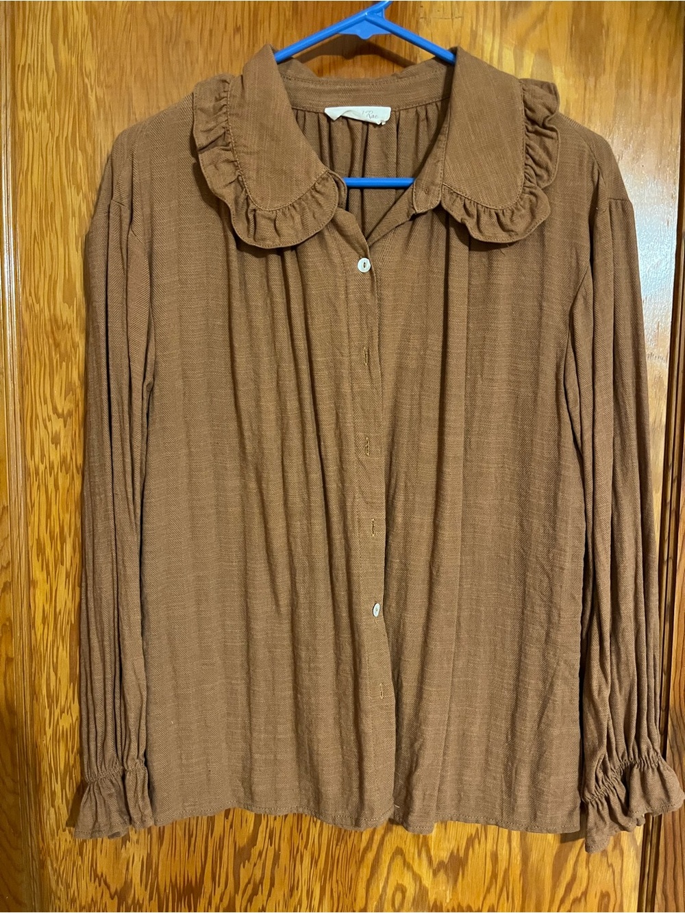 Doe & Rae Brown Ruffled Collar Button-Down Blouse